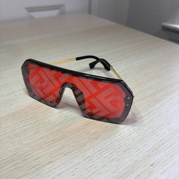 Sporty Red Monolens Sunglasses - Industrial Black and Gold Design - Picture 4 of 6